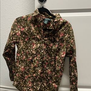 Ralph Lauren Olive Green Floral Button-Up Blouse